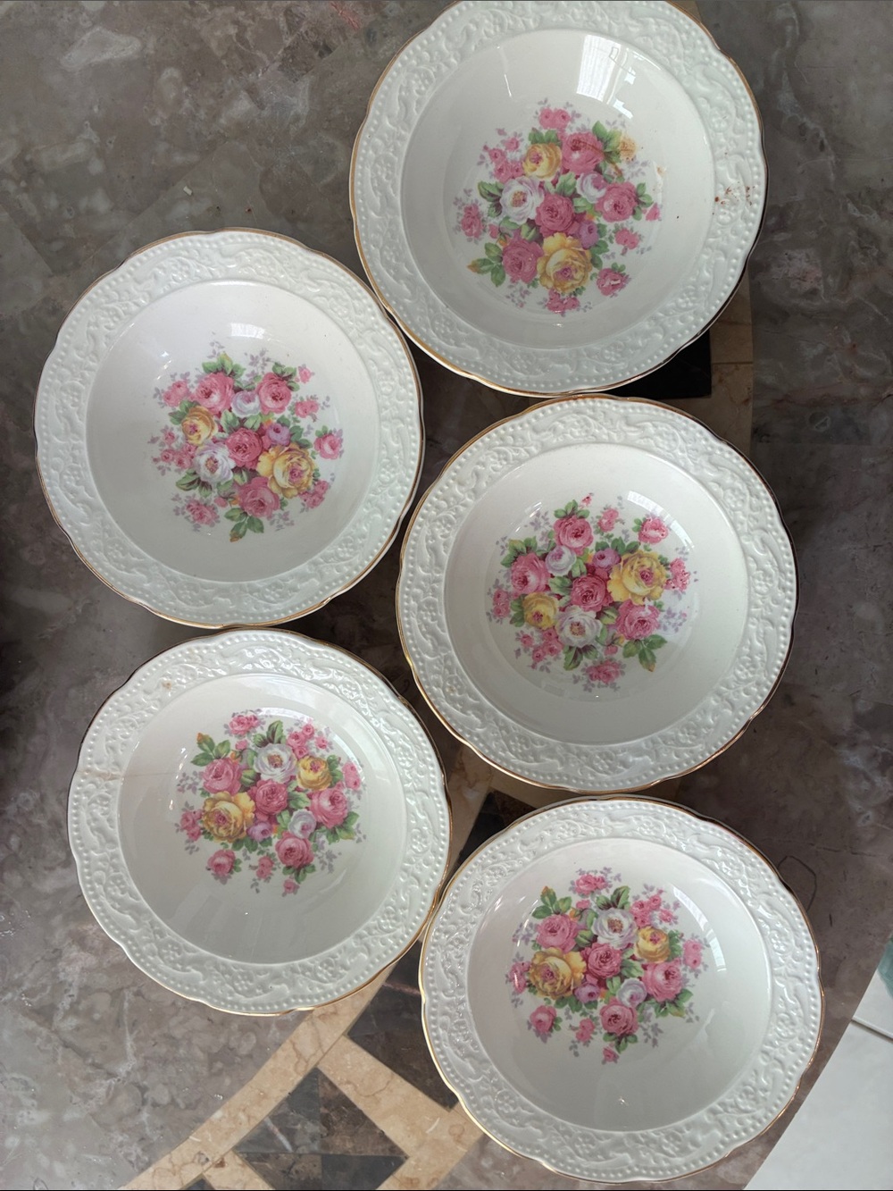 Porcelain Dessert Bowls with Pink & Yellow Rose Bouquet and Gold Trim